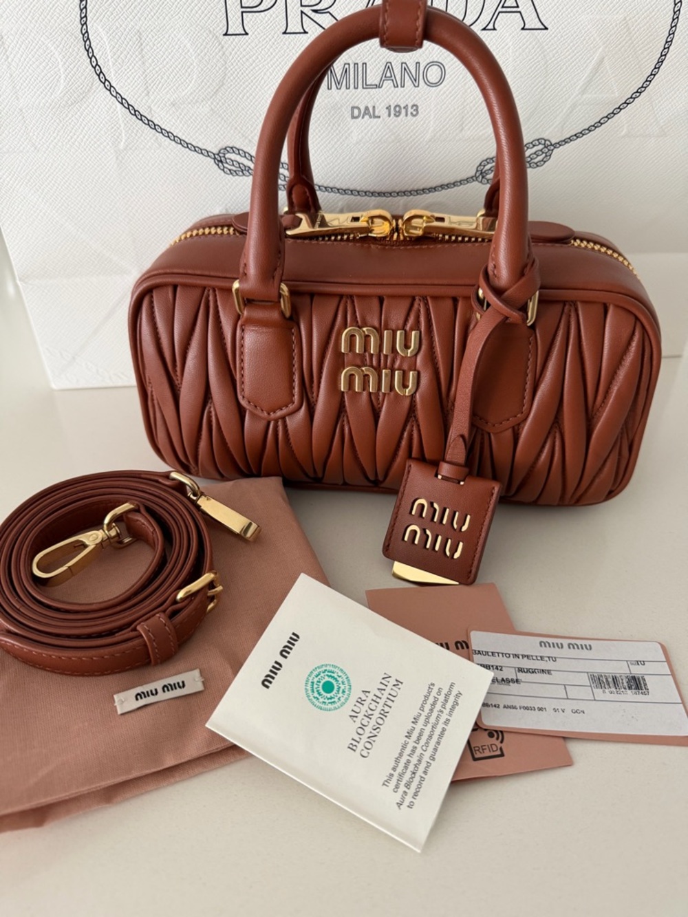 Miu Miu Cognac Arcadie 
Matelassé Nappa Leather bag with Gold Hardware